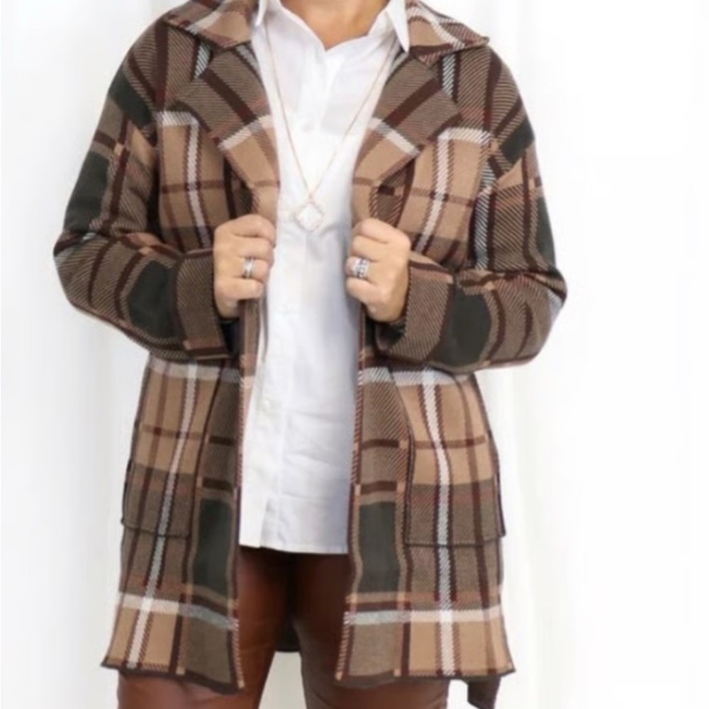 Charlie Paige | Plaid Tan and Brown Stretch Knit Coatigan | Sz L